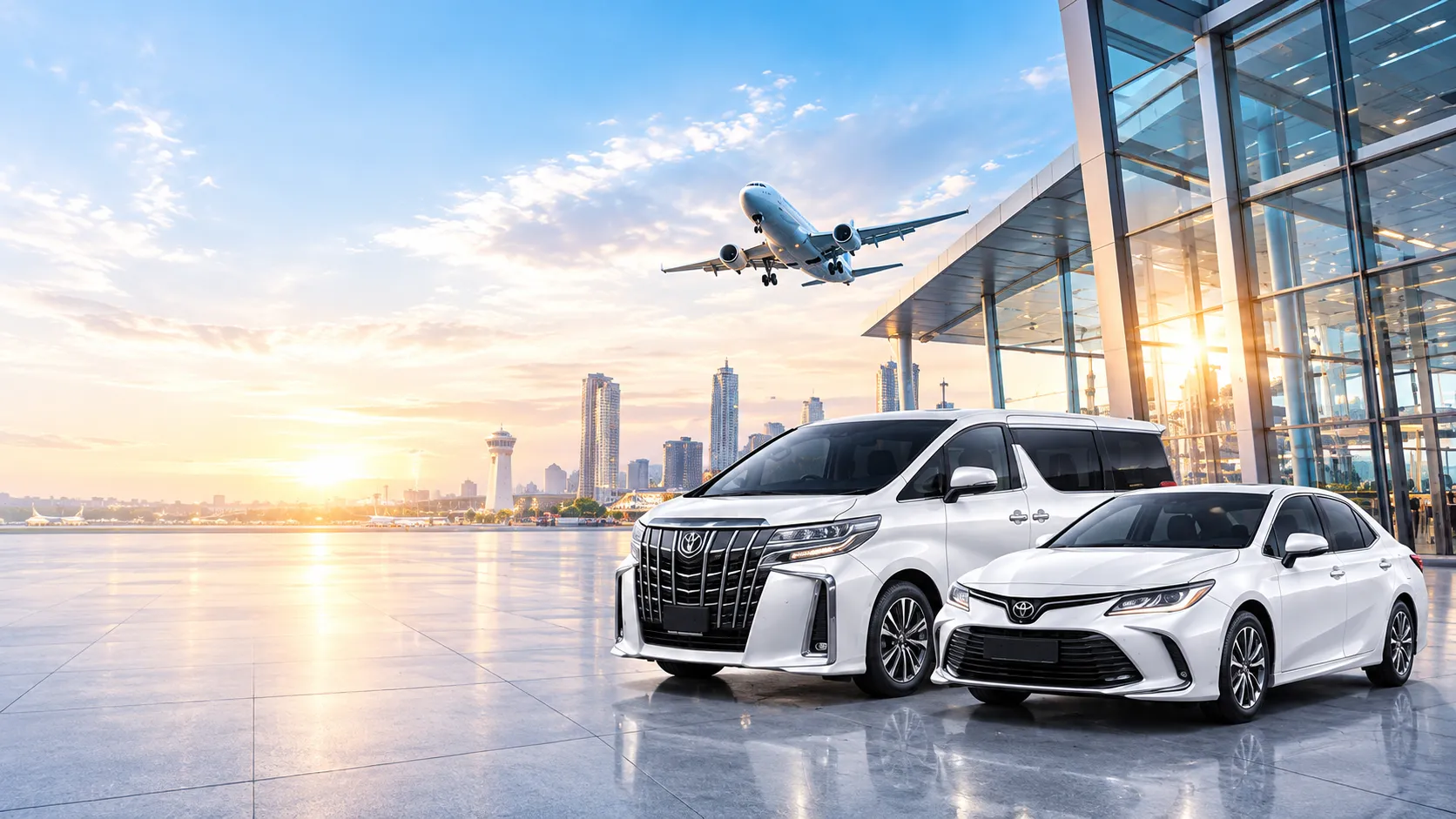 รถตู้ Alphard และรถเก๋งสีขาวจอดหน้าอาคารสนามบิน มีเครื่องบินกำลังขึ้น