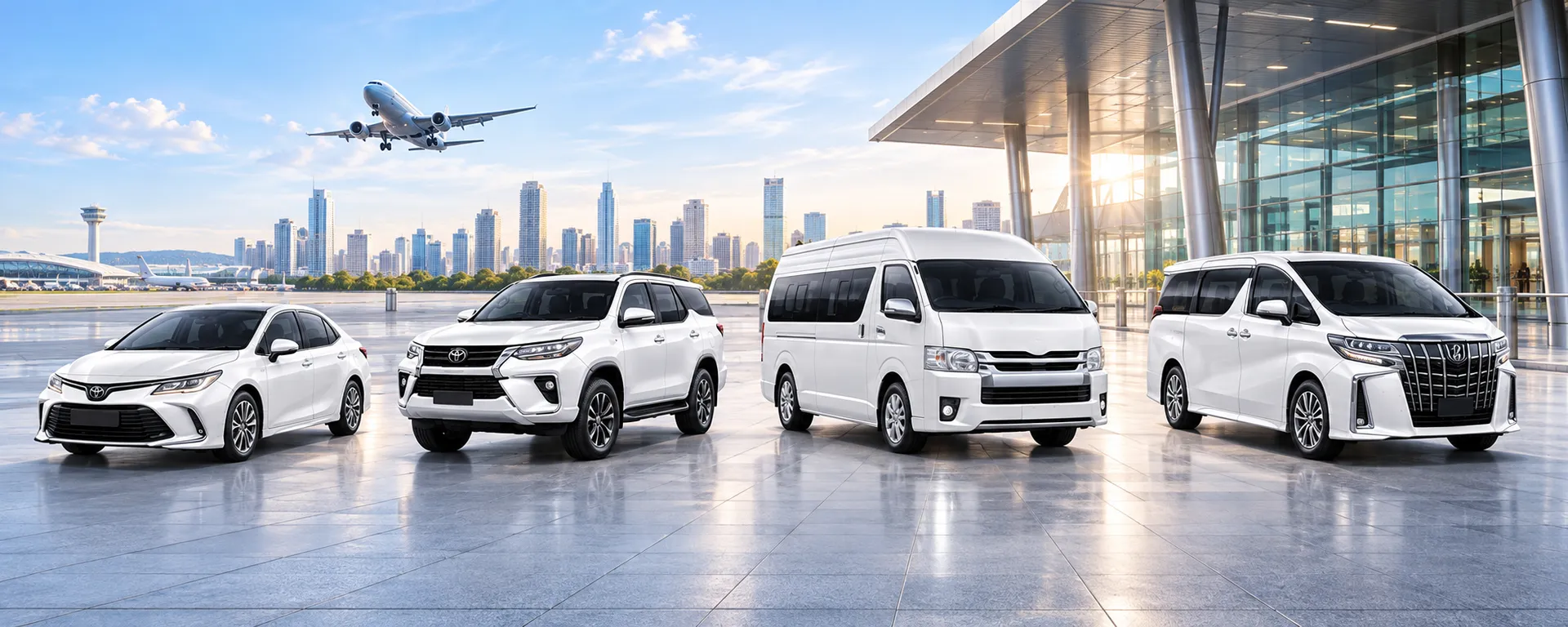 รถเก๋ง รถ SUV รถตู้ และรถตู้ VIP จอดเรียงหน้าสนามบิน