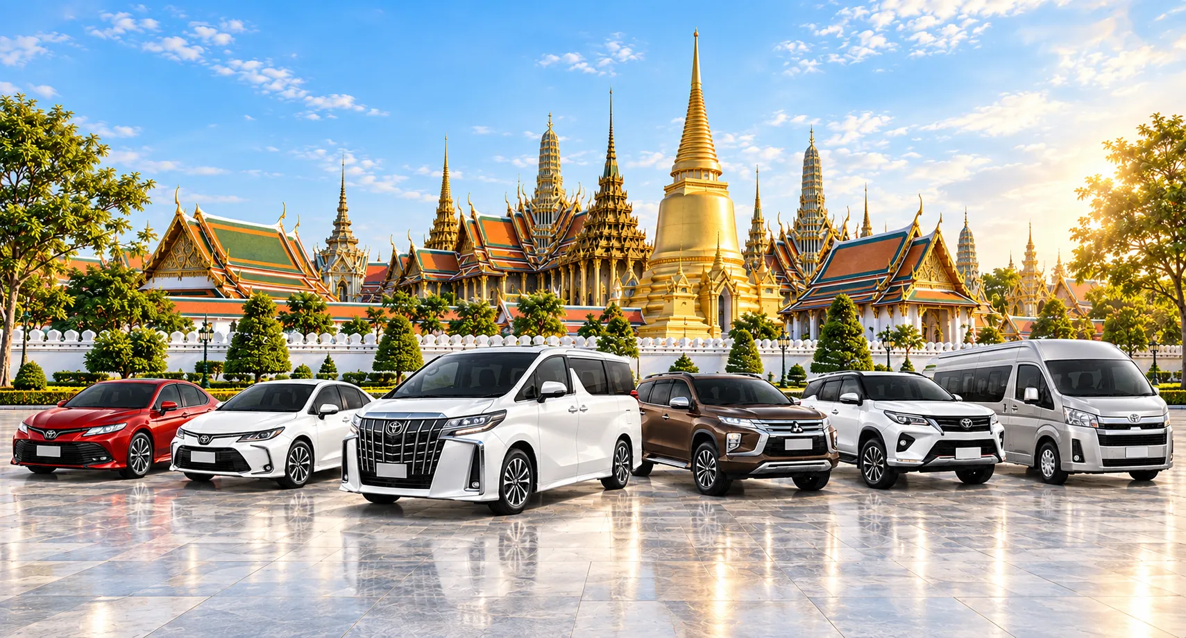 รถเก๋ง รถตู้ VIP รถ SUV และรถตู้ จอดเรียงหน้าวัดพระแก้ว